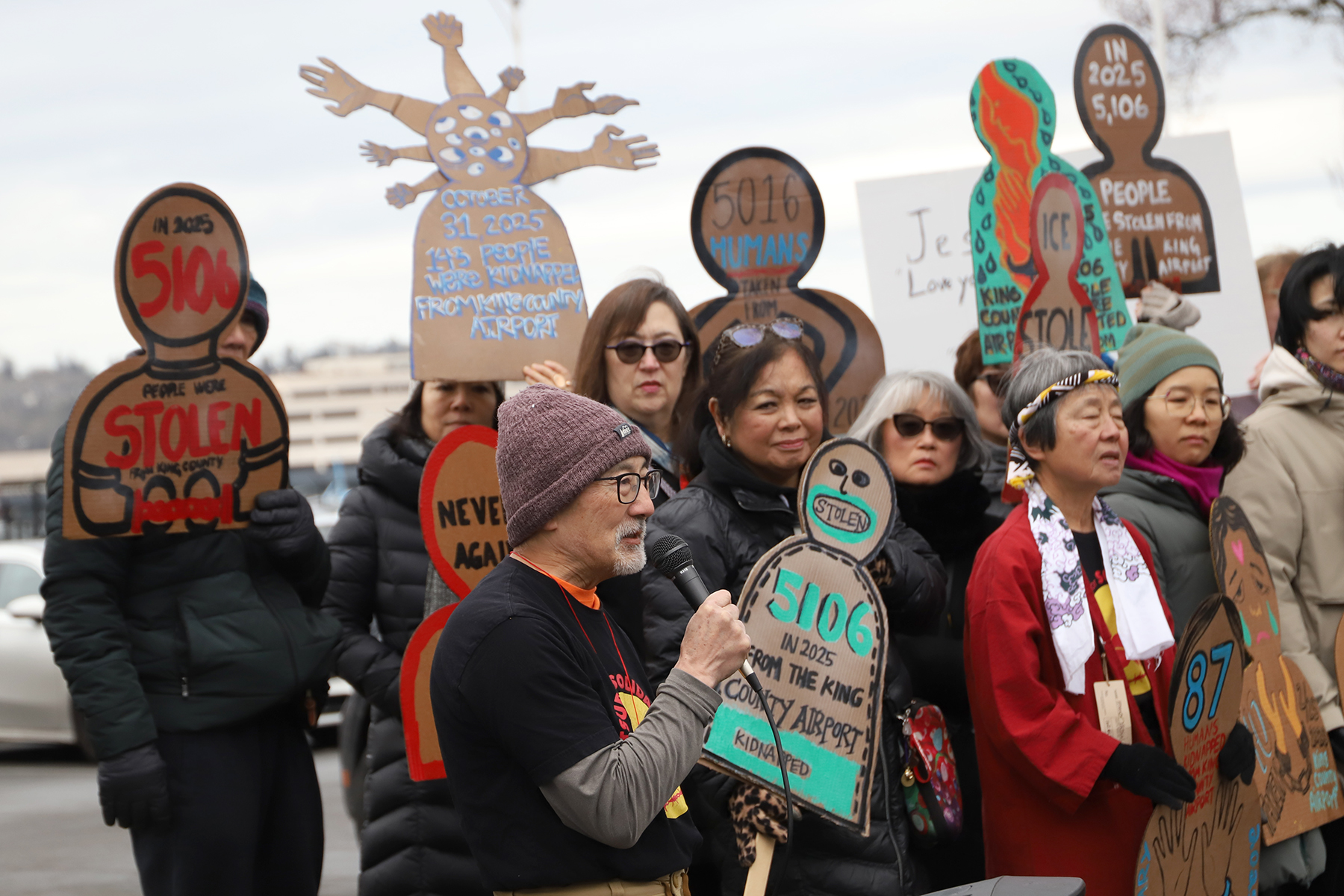 Drawing parallels to EO 9066, activists protest ICE deportation flights out of Boeing Field